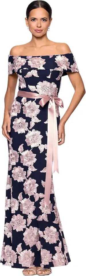 Betsy & Adam Women's Lace Off The Shoulder Belted Floral Floor Length Dress