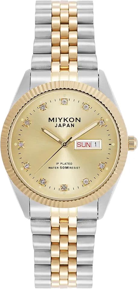 Miykon Mens Day Date Dress Watch with Genuine Crystals, 50M Water Resistant