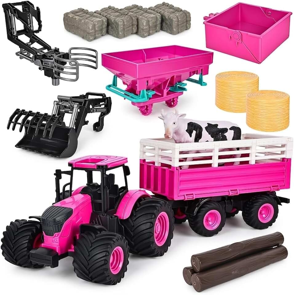 Farm Toys Bauernhof Tier Spielzeug Spielset Traktor mit Anhänger Zaun, Bauer, Baum, Kuh, Bauernhof Spielzeug Set für Jungen Mädchen Kinder Kleinkinder Alter 3-7 Jahre alt