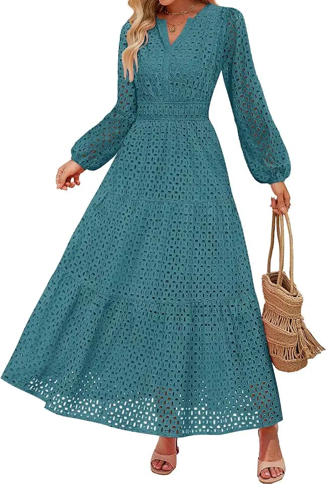 ZESICA Women's 2026 Fall Long Sleeve Eyelet Maxi Dress
