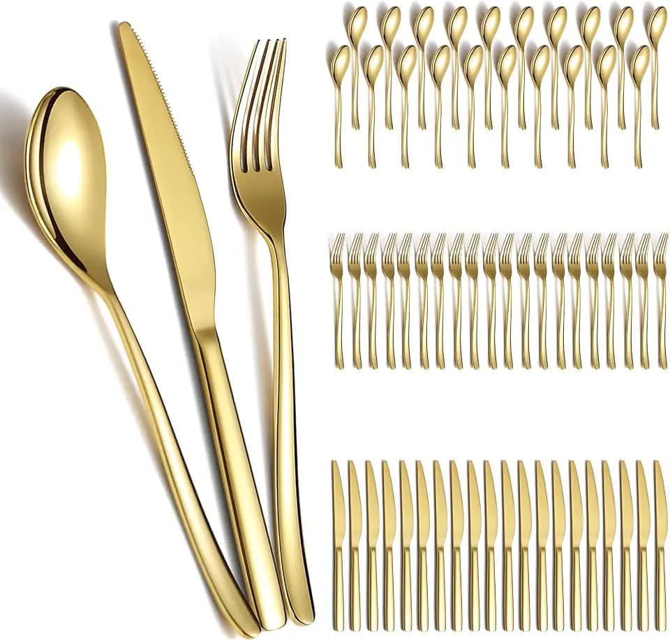 Berglander Gold Hochzeit Besteck Set 60pcs Service für 20, Titan beschichtet Edelstahl Besteck Set, Gold Löffel Gabeln Messer Set für Zuhause, Hochzeit, Restaurant, spülmaschinenfest
