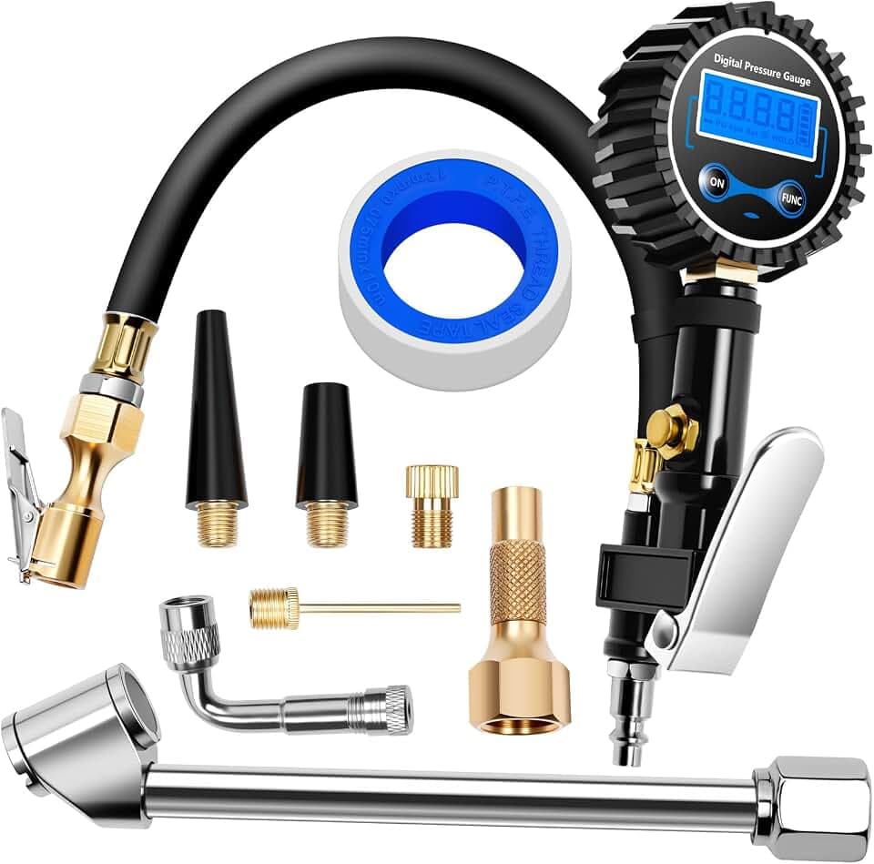 Digital Tire Gauge with Inflator & Deflator - LED Display & 0.1 PSI Resolution - Quick Release Valve & Heavy Duty Chuck - w/Adapter for Car, Truck, SUV, Motorcycle, RV, Balls