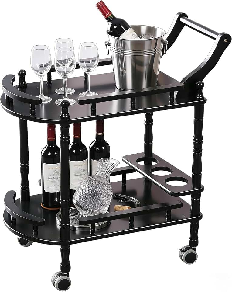 Entertainment Kitchen Cart, Midcentury Modern Imported rubberwood Black Finished Wood 2-Tier Mobile Bar Cart Serving Cart