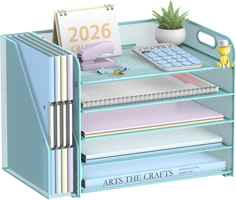 5-Tier Desk Organizer with File Holder, Paper Organizer for Desk, Blue