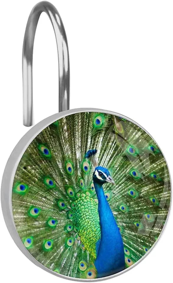 12pcs Shower Curtain Hooks,The Peacock Shows its Tail Decorative Shower Curtain Hanger Rings Roller, Stainless Steel Round Shower Rings Hangers for Bathroom
