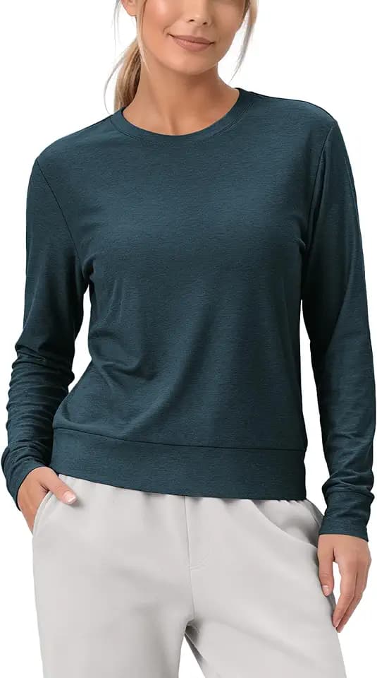 ODODOS Women's Long Sleeve Crewneck Tee - Ultra Soft odSTRATUM Tech Performance T-Shirts, UPF 50+ Everyday Pullover Tops
