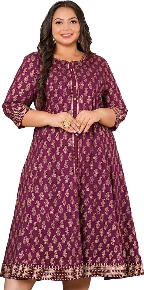 Yash Gallery Women's Plus Size Cotton Calf Length Flared 3/4 Sleeve Anarkali Kurta Dress For Summer