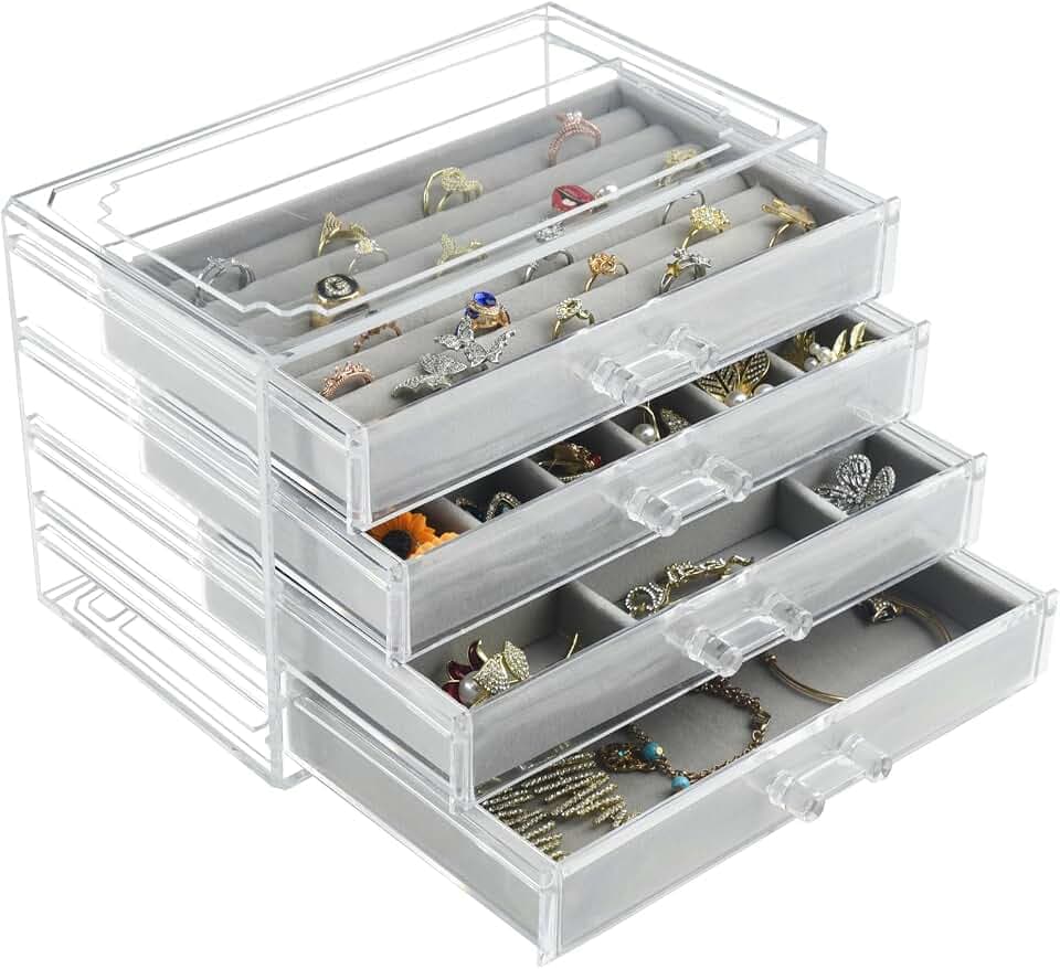 Weiai Acryl-Schmuck-Organizer, transparente Schmuckschatulle mit 4 Schubladen, Schmuckkästchen, Aufbewahrung für Frauen (grau)