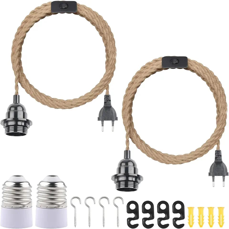 2 Stück E27 Lampenfassung Schalter Stecker 4,5m Hanfseilkabel