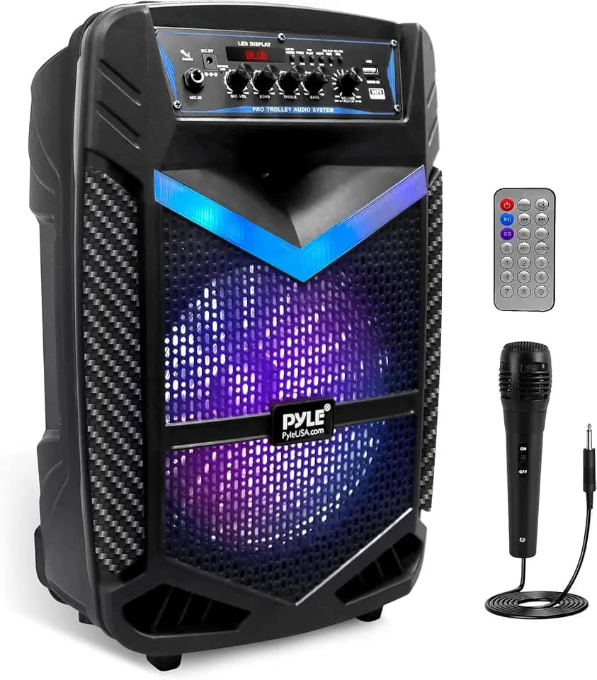 Pyle PA Bluetooth Lautsprecher- Karaoke Maschine mit Karaoke Mikrofon, 600W, Musikbox Bluetooth Box, Partybox, Rechargeable, 10” Subwoofer, 1” Tweeter, Aufnahmefunktion, Partybeleuchtung, USB/SD-Radio