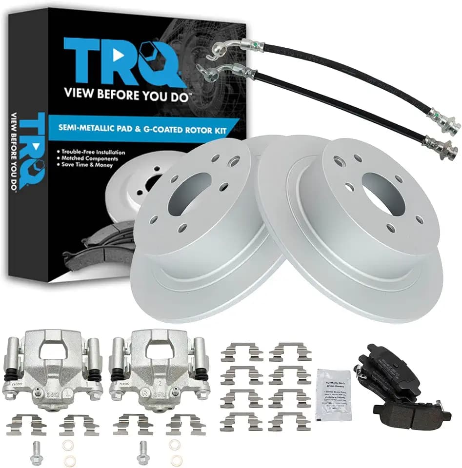 TRQ Rear Brake Pad and Rotor Set Semi Metallic Coated Rotors Calipers Hoses