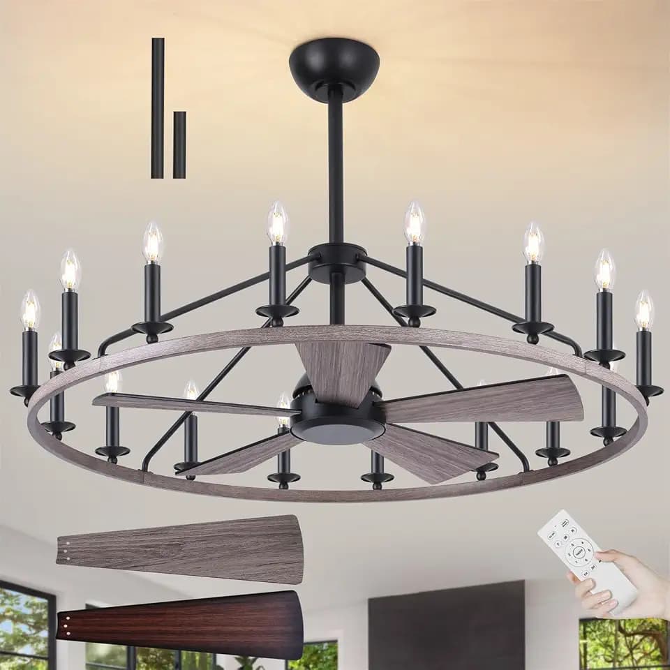44" Wagon Wheel Chandelier Ceiling Fan with Lights, Large Fandelier