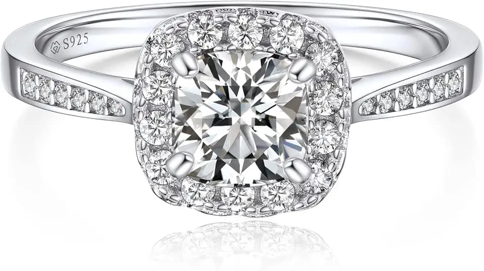 MomentWish Engagement Ring for Women, Moissanite Promise Ring, D Color VVS1 Simulated Diamond 925 Sterling Silver Halo Ring, Wedding Rings for Anniversary Valentine's Day