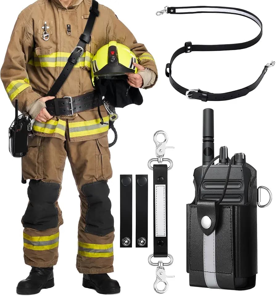 Eccliy Radio Strap Firefighter Leather Radio Holster EMS EMT Bundle Set with Belt, Strap, Anti-sway Tape for Firefighters, EMT, Police, Search and Rescue (Reflective Strips)
