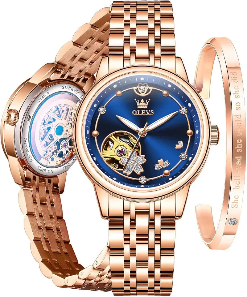 OLEVS Automatic Watch for Women Luxury Skeleton Dial Bracelet Set for Lady