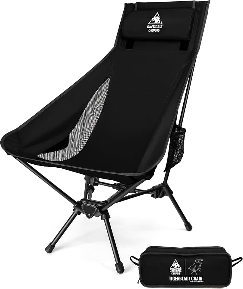 OneTigris TIGERBLADE Campingstuhl Hochlehner faltbar 150 kg, Klappstuhl Camping leicht Dreiecksrahmen, Angelstuhl klappbar mit 2 Seitentaschen, Faltstuhl Ultraleicht für Outdoor, Wandern