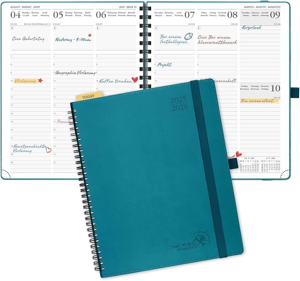POPRUN Kalender 2025 2026 Wochenplaner (Aug.2025-Dez.2026) Ringbuch mit Softcover, ca. A4 (26,5 x 21,5 cm), 17-Monate-Terminplaner 1 Woche 2 Seite mit FSC®-Zertifiziertem Papier - Pazifikgrün
