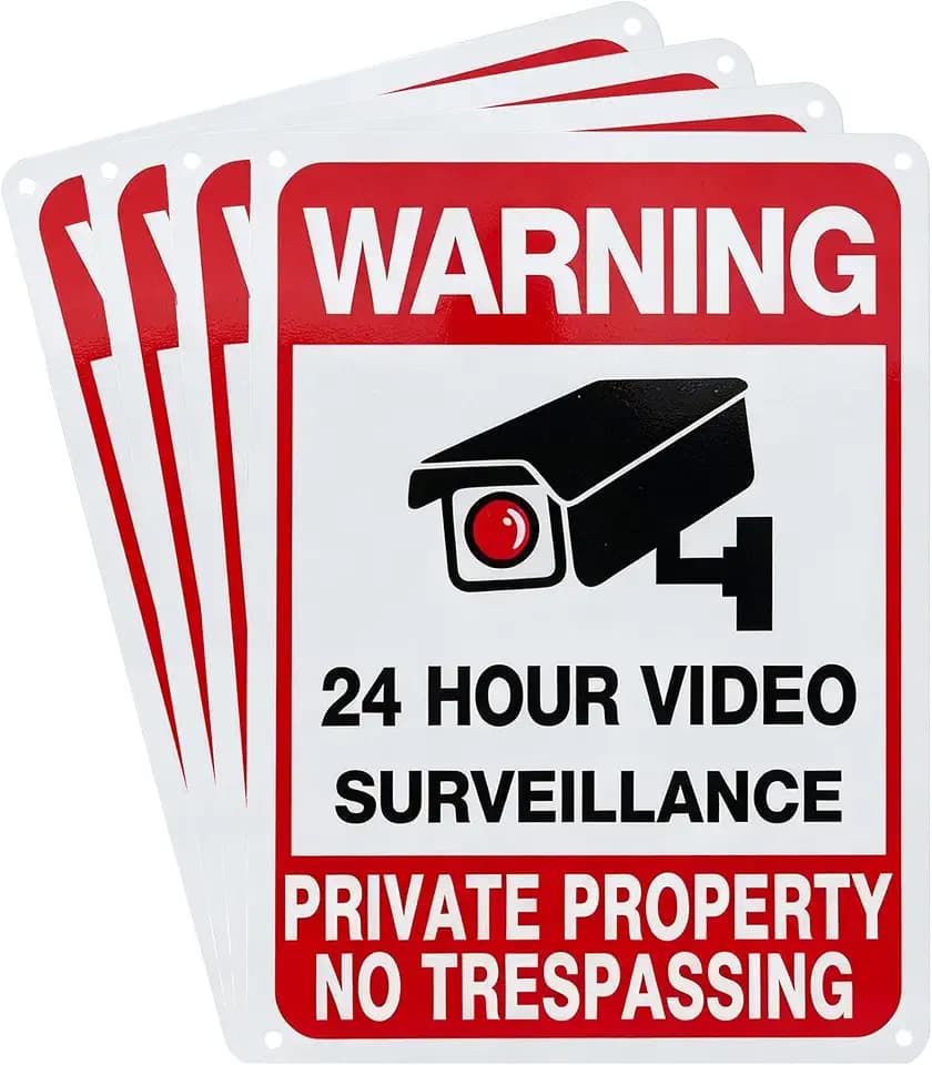 4 Pack Warning 24 Hour Video Surveillance Sign, Private Property No Trespassing, Aluminum, 10x7 Inch