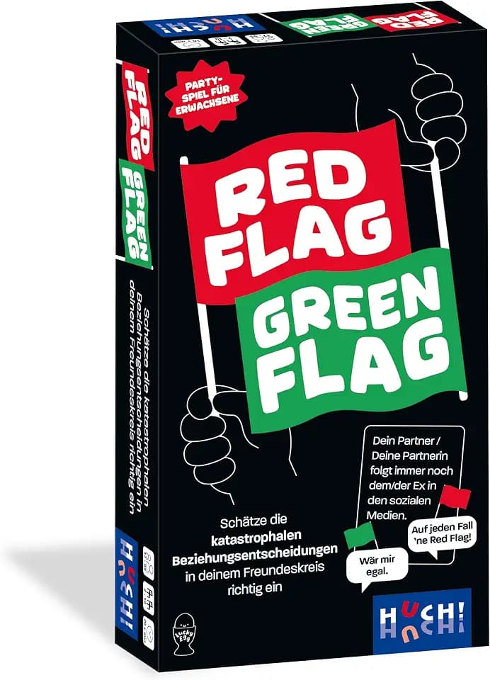 HUCH!, Red Flag Green Flag, Gesellschaftsspiel, Lustiges Partyspiel über Beziehungsszenarien, Für 3-10 Spieler ab 17 Jahren