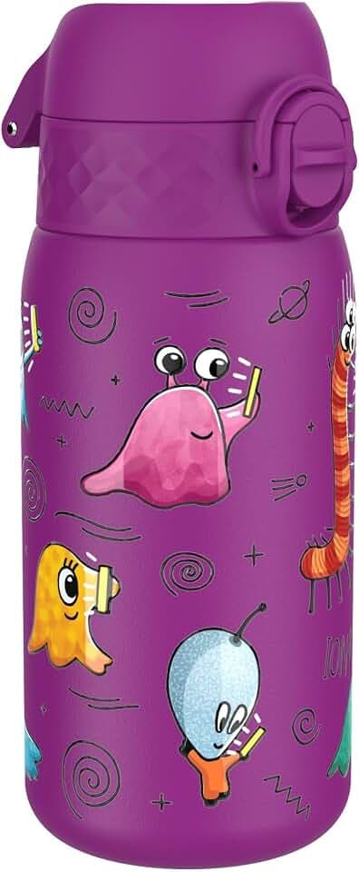 ion8 Kinder Trinkflasche, Edelstahl Leicht 400ml, Nicht Isoliert, Auslaufsicher, Einhandöffnung, Sichere Verriegelung, Spülmaschinenfest, Klappdeckel, Leicht zu Reinigen, Außerirdische