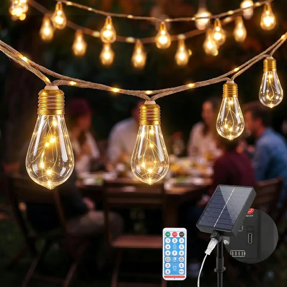 SALCAR Solar Lichterkette Aussen Vintage Hanfseil, 5M 10 Glühbirnen LED Wetterfest Solar Lichterkette Außen, 8 Modi Outdoor Lichterkette für Baum, Terrasse, Hof, Haus, Hochzeit Deko, Warmweiß
