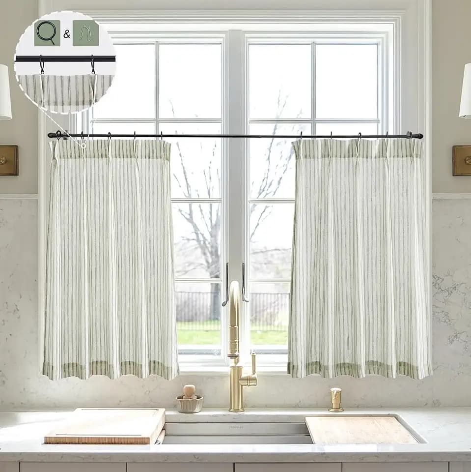 LIMON HOME Sage Green Kitchen Curtains for Bathroom Window.30 inch Length Striped Pinch Pleat Curtain Sage Striped,2 Panels Set
