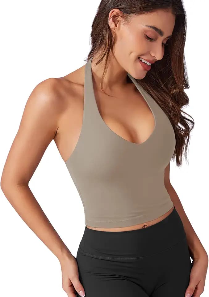 VOYJOY Halter Crop Top Padded V Neck Backless Workout Going Out Clothes