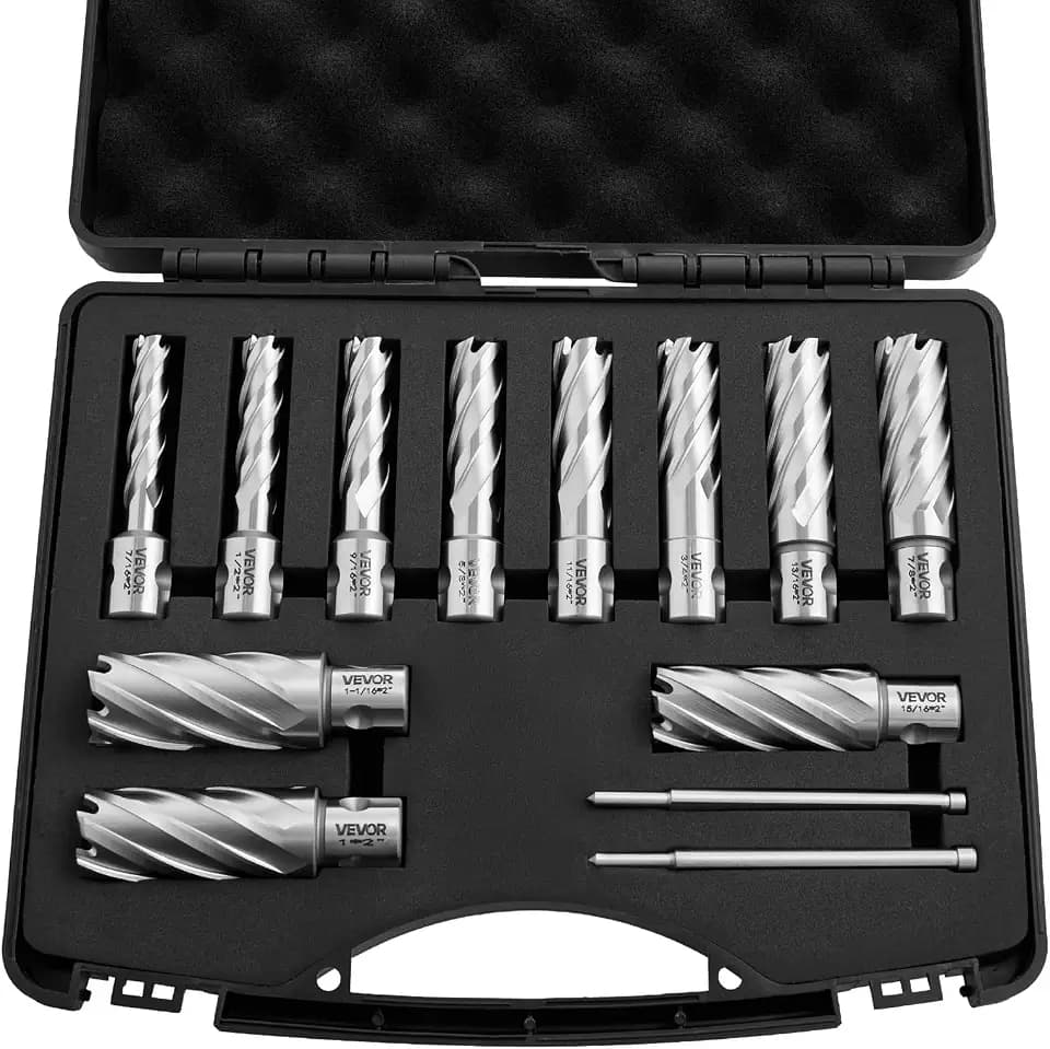 VEVOR HSS-Kernbohrer Weldon-Schaft 13-tlg. Magnetbohrer 11,11–26,98 mm Schnittdurchmesser, 11 Bohrer mit 2 Zentrierstiften, 50,8 mm Schnitttiefe, Kunststoffkoffer, für Magnetbohrmaschinen, Stahl