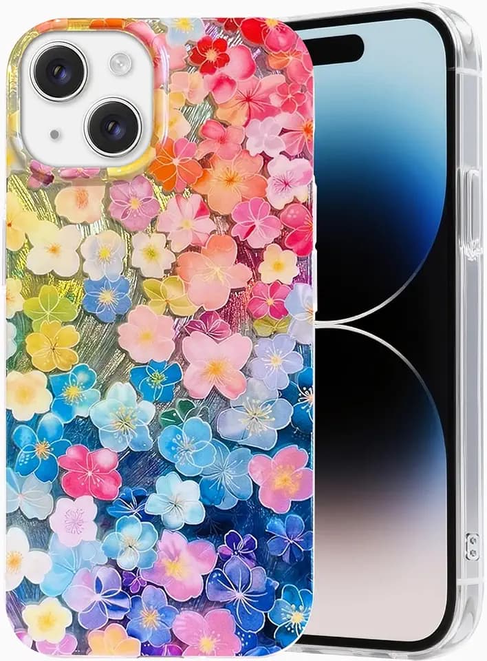I-MGAE-IN-AR Compact Case for iPhone 14 Case Colorful Iridescent Flower Design,Holographic Glossy Cute iPhone 13 Phone Case for Aesthetic，Shockproof Military-Grade Protection