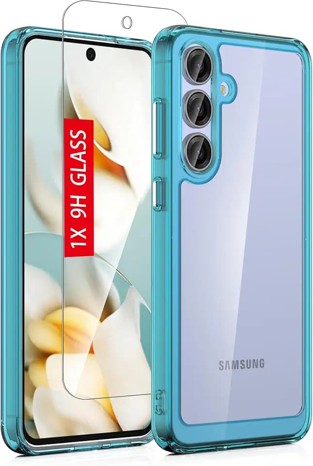 for Samsung Galaxy S25-FE Case: Military-Grade Shockproof Phone Cover with Tempered Glass Screen Protector, Anti-Scratch & Reinforced Bumpers - Clear-Blue