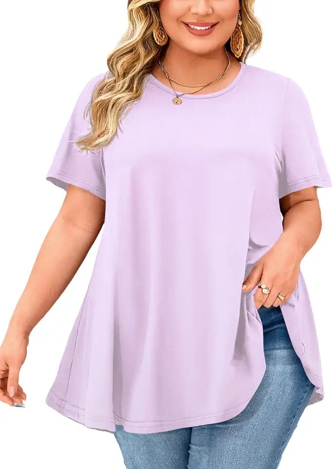 Tunic Tops for Women Plus Size Short Sleeve Crew Neck Swing Flare Loose T-Shirt Blouses to Wear with Leggings