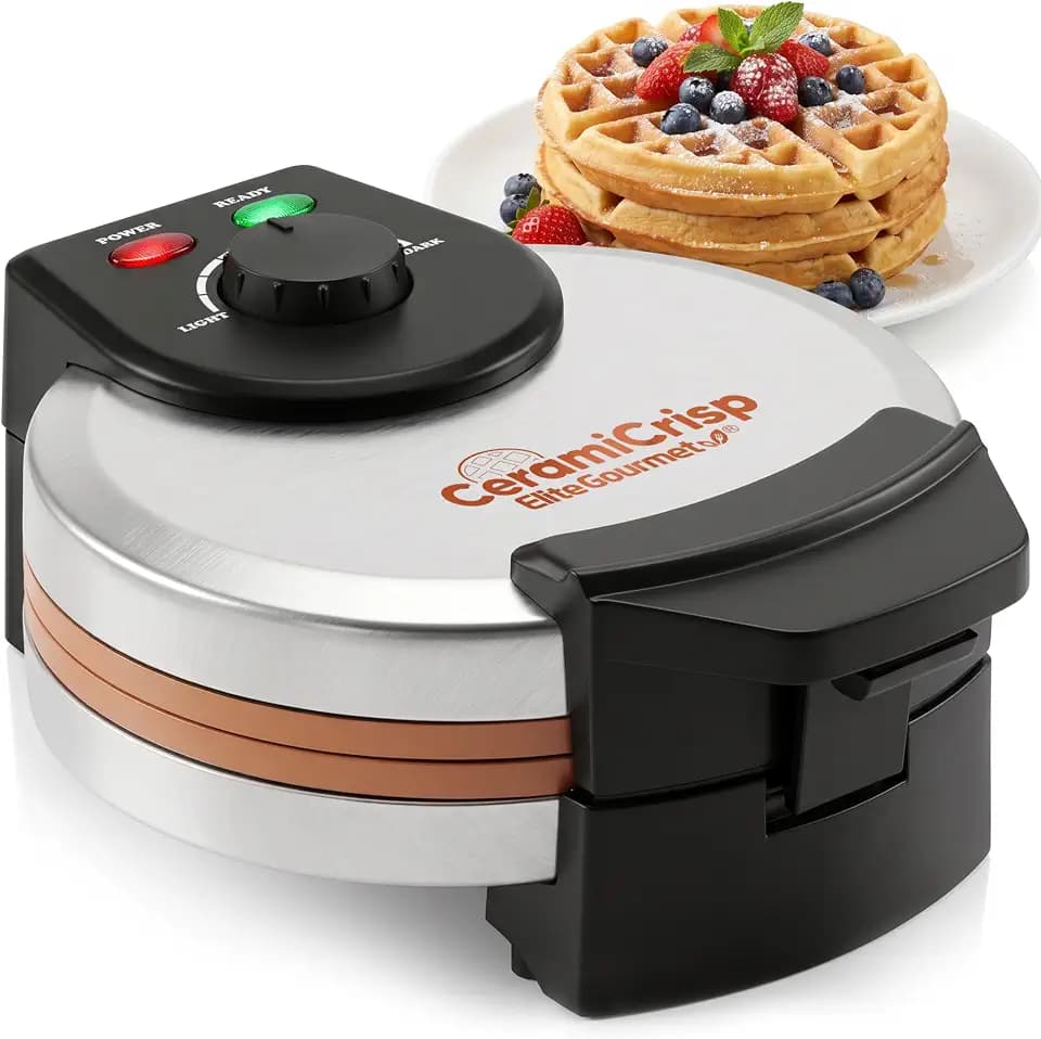Elite Gourmet Belgian Waffle Maker, Ceramic Nonstick, 1100W Stainless Steel