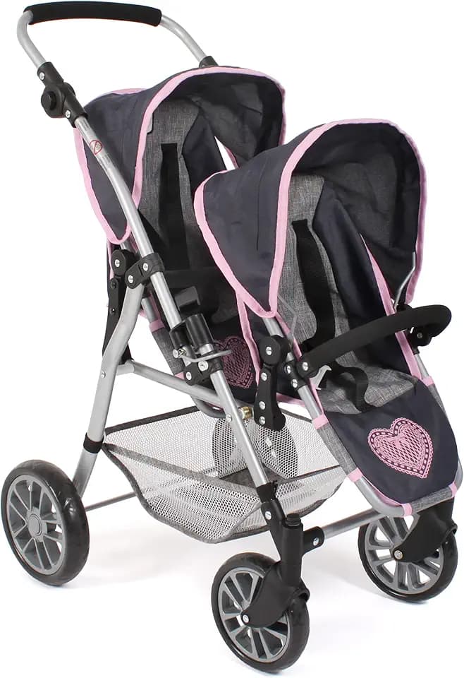 Bayer Chic 2000 - Puppenwagen Twinny, Zwillingspuppenwagen für Zwei Puppen, Zwillingsbuggy für Kinder von 4 bis 8 Jahren, Melange grau-Navy