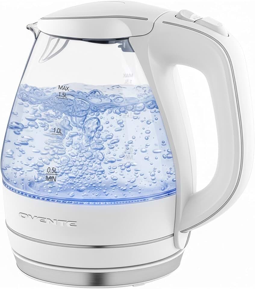 OVENTE 1.5L Glass Electric Kettle Water Boiler, White KG83W