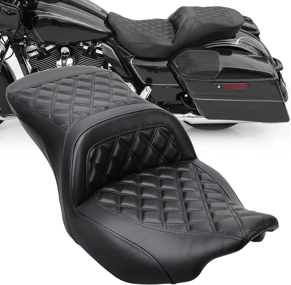 Rider Passenger Seat, Motorcycle 2-UP Gel Seat Fit for Harley Touring Road Glide/Street Glide/CVO Road Glide ST/CVO Road Glide/CVO Street Glide 2024-2026 (Black Rhombus)