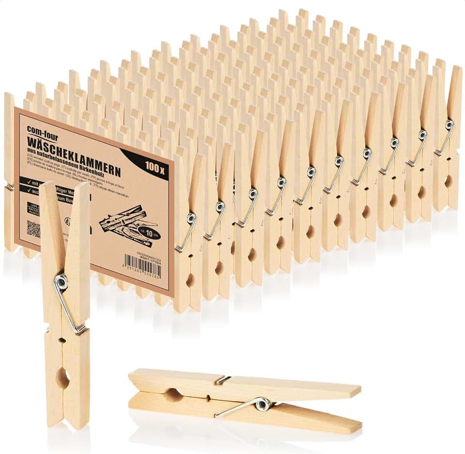 com-four® 100x Wäscheklammern XXL aus Holz, Holzklammern aus Birkenholz