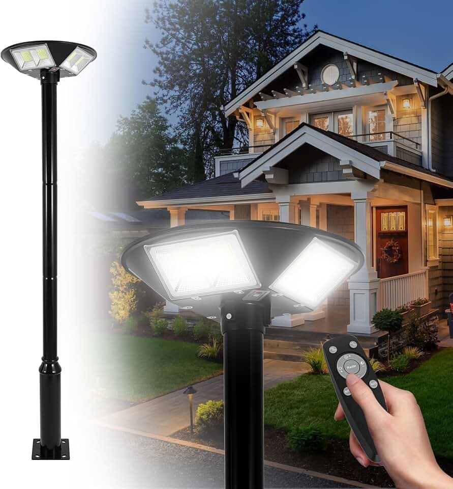 Solar Lamp Post Light with 100 Inch Pole - Dusk to Dawn, Motion Sensor, Remote, Timer,Waterproof Outdoor Solar Post Light for Street, Pathway, Driveway, Yard