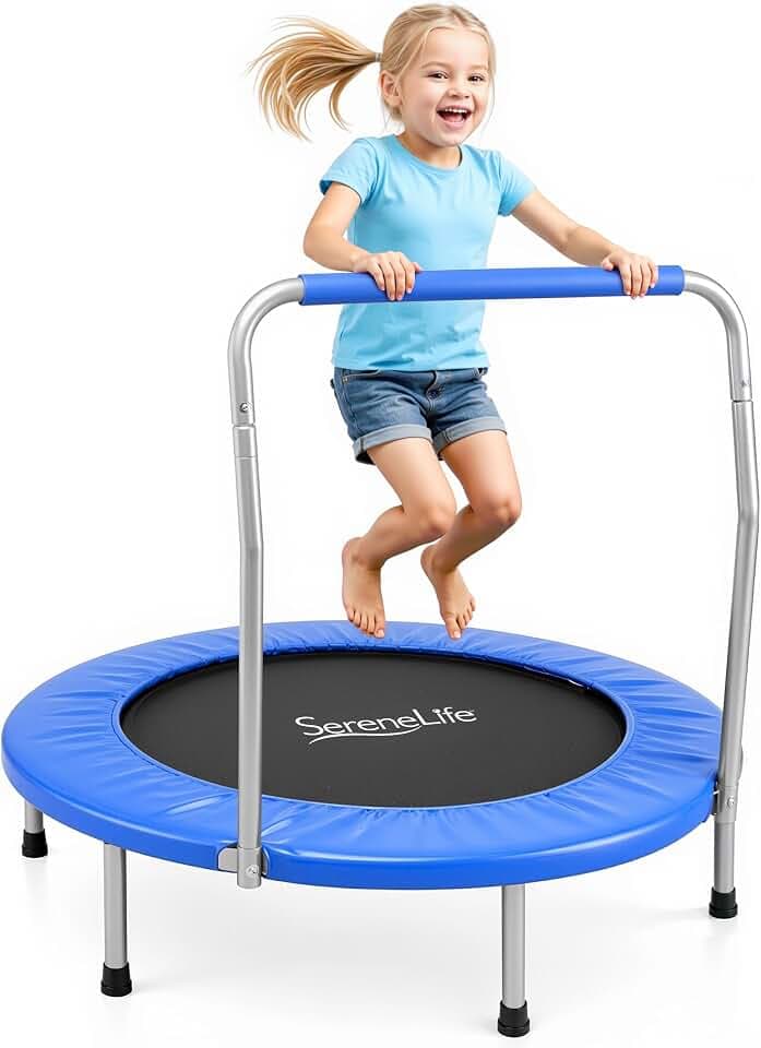 SereneLife 36″ Foldable Mini Trampoline for Kids - Compact Fitness Rebounder with Foam Handle - Safe, Stable Exercise Trampoline with 330lbs Max Load for Indoor/Outdoor Active Play & Exercise