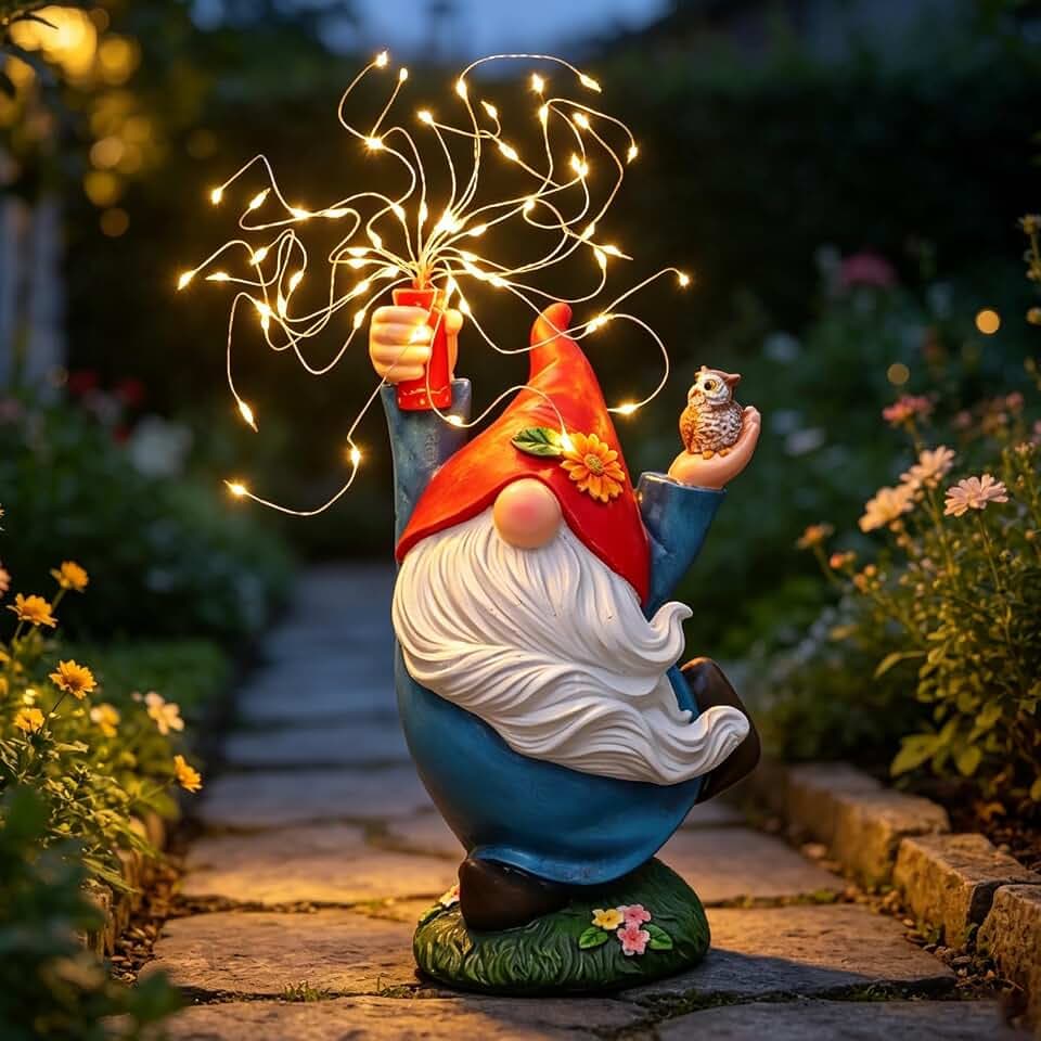 Garden Gnome Statue, Solar Outdoor Decor with Owl and Firework LEDs