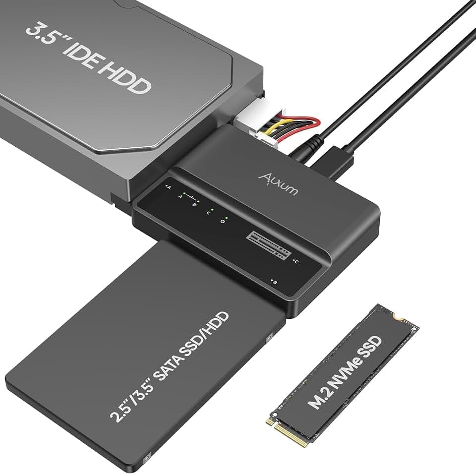 Alxum IDE SATA USB Adapter, USB 3.0 Festplatten Adapter mit Netzschalter | für 2.5/3.5 Zoll SATA HDD & SSD M Key Festplatten Dockingstation, mit 12V/2A Netzteil und USB C Kabel