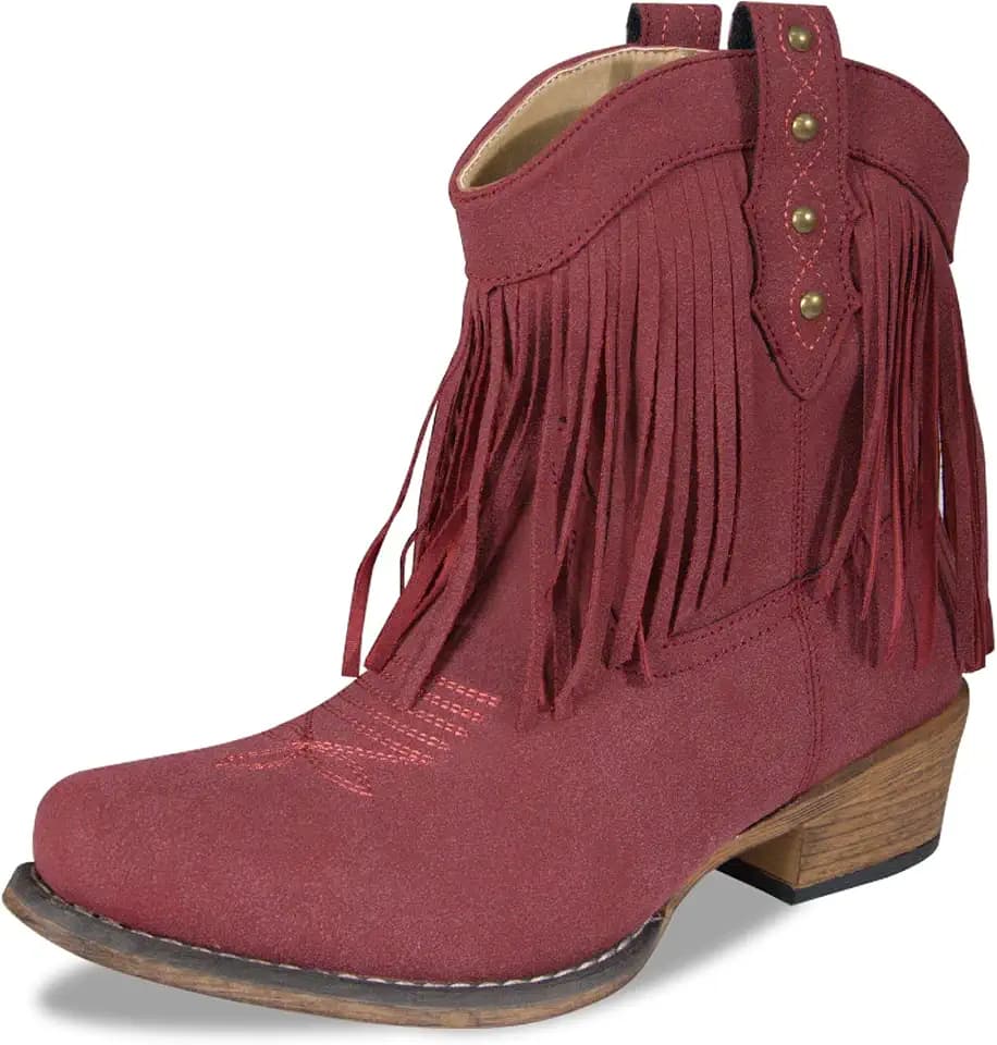 Cowboy Boots for Women Boho Suede Ankle Western Cowgirl Boots Mid Calf Pointed Toe Short Chunky Classic Fringe Booties