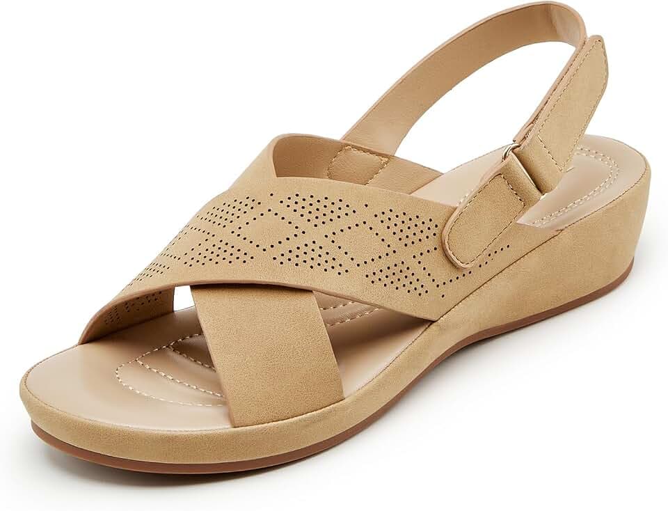 Women's Comfortable Low Wedge Slingback Sandals with Cross Straps