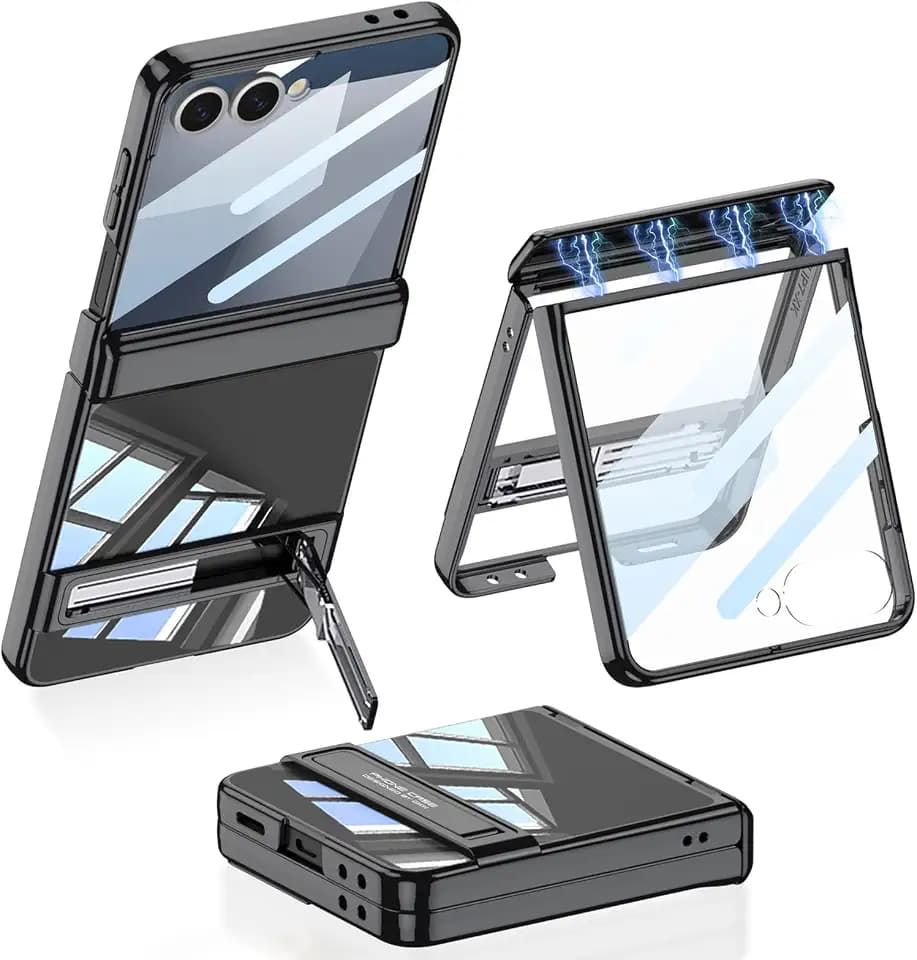 for Samsung Galaxy Z Flip 7 Clear Case with Kickstand & Magnetic Hinge Protection and Screen Protector, Slim Transparent Plating Hard PC Shockproof Cover for Samsung Galaxy Z Flip 7 (Black)