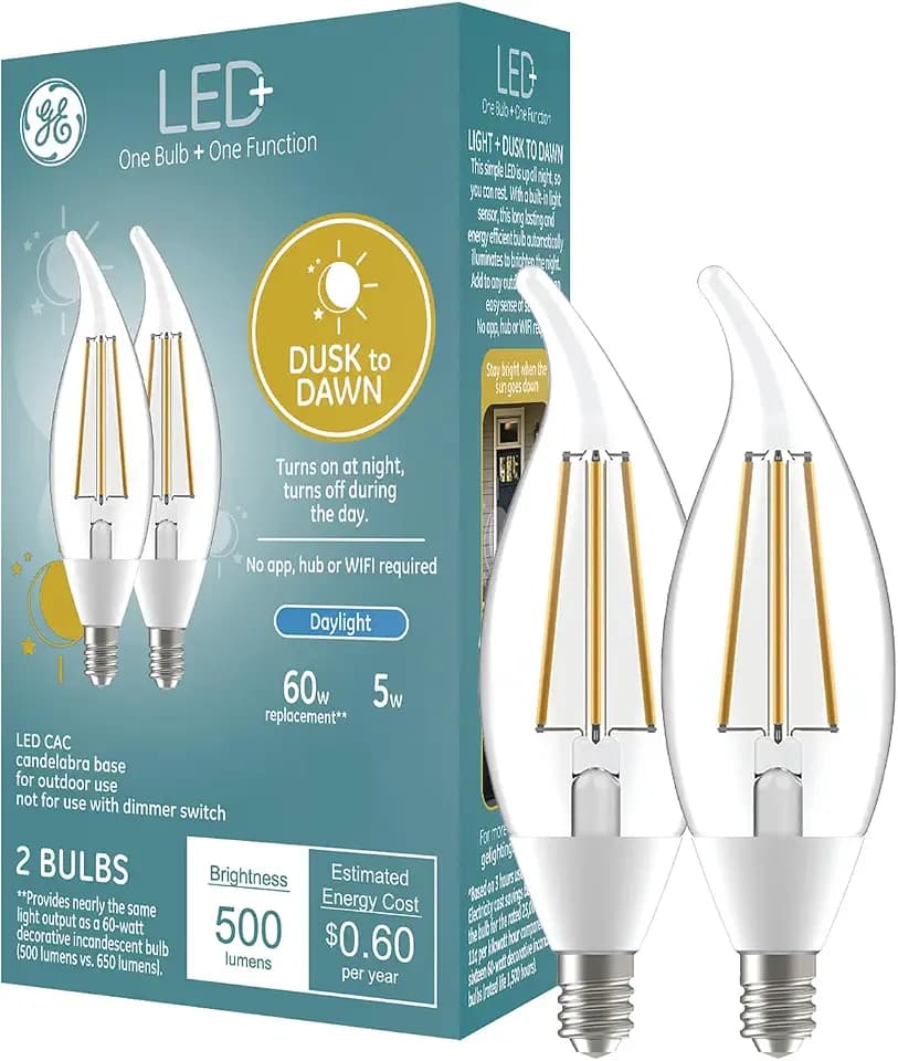 GE LED+ CA11 Dusk to Dawn LED Light Bulbs, Automatic On/Off Outdoor Security Lights, Daylight, E12 Candelabra Base (2 Pack)