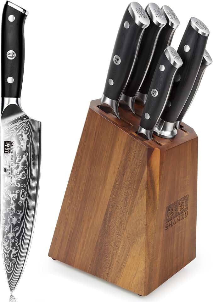 SHAN ZU Damast Messerblock Set 7-teilig, Messerset mit Holzblock