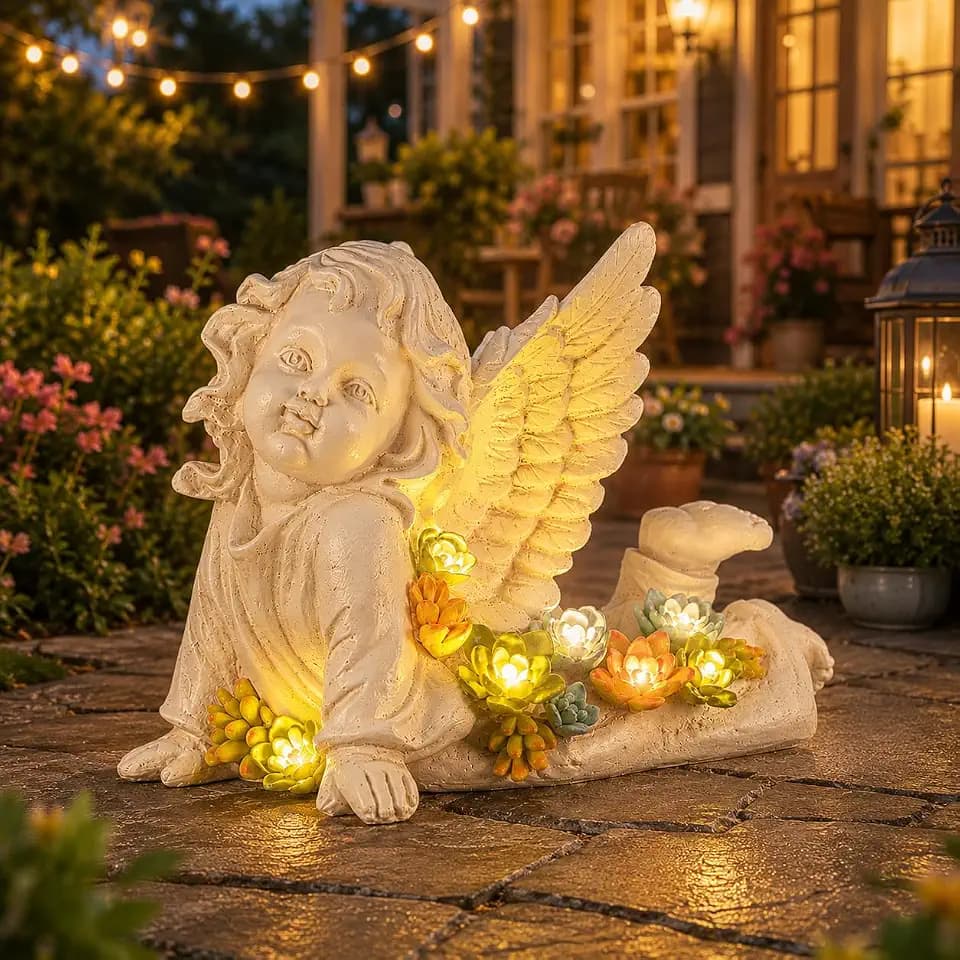 Garden Angels Outdoor Statue, Solar Cherub Baby Angel with Succulent