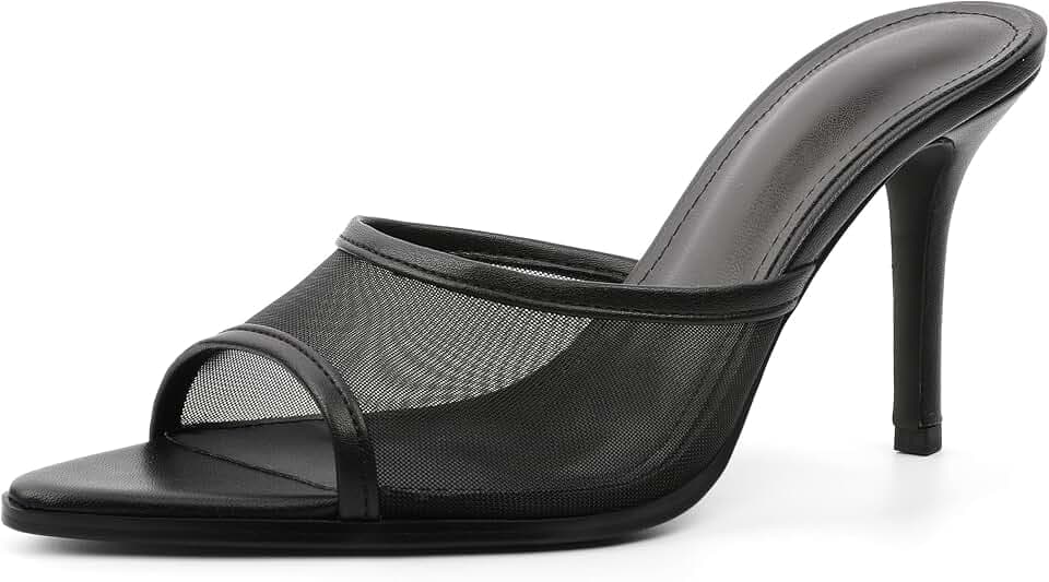 Eldof Mules Heels for Women Peep Open Toe Mesh Slip On Heel Stiletto Heeled Dress Sexy Sandals 3.5 Inches