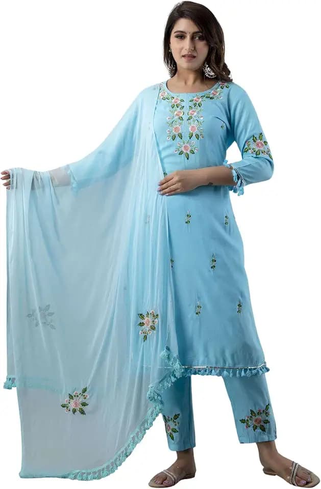JG Women's Ethnic Wear Collection Rayon Straight Embridered Kurti & Pant Set With Dupatta
