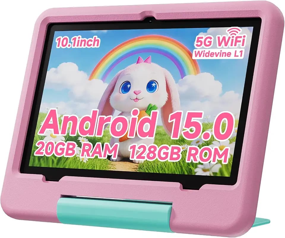 PEICHENG Tablet for Kids with EVA Protective Case, Android 15.0 Toddler Tab PC 10.1Inch RAM 20GB(4+16Expand) + ROM 128GB IPS 800 * 1280 5.0Bluetooth (Pink)