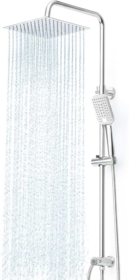 OFFO Regendusche ohne Armatur Chrom, 30x30cm eckig Edelstahl Duschset, Höhenverstellbar und 1,6m Twist-Free Duschschlauch, Duschsystem für Dusche mit deutscher Bedienungsanleitung​
